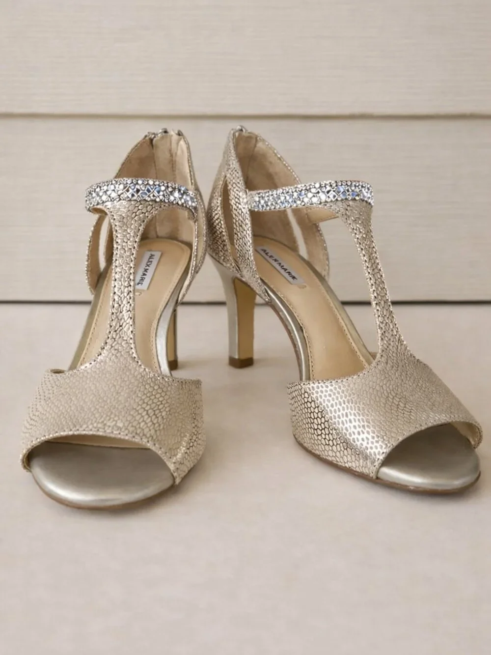 ✨ Alex Marie Rhinestone T-Strap Heels – Champagne/Silver, Size 5